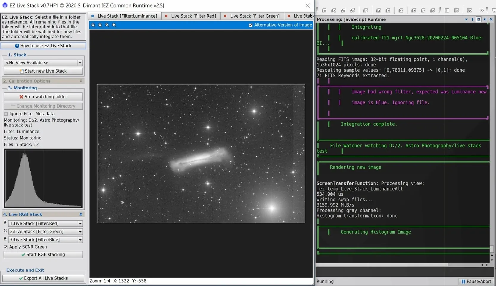 以 EZ Live Stack 自動疊加拉伸後，NGC 3628 漢堡星系的潮汐尾浮現