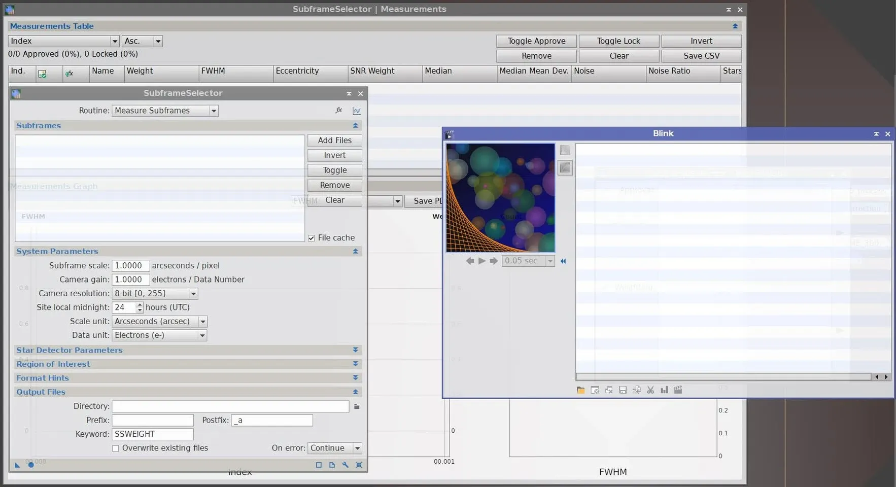 PixInsight 中同時開啟 Blink 與 SubframeSelector，示範以 Blink 用肉眼逐張檢視影像品質