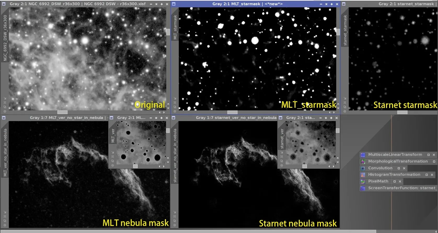 NGC 6992 的六格對照：上排左起為原圖、MLT 星點遮罩、StarNet 星點遮罩，下排為 MLT 與 StarNet 各自做出的雲氣遮罩
