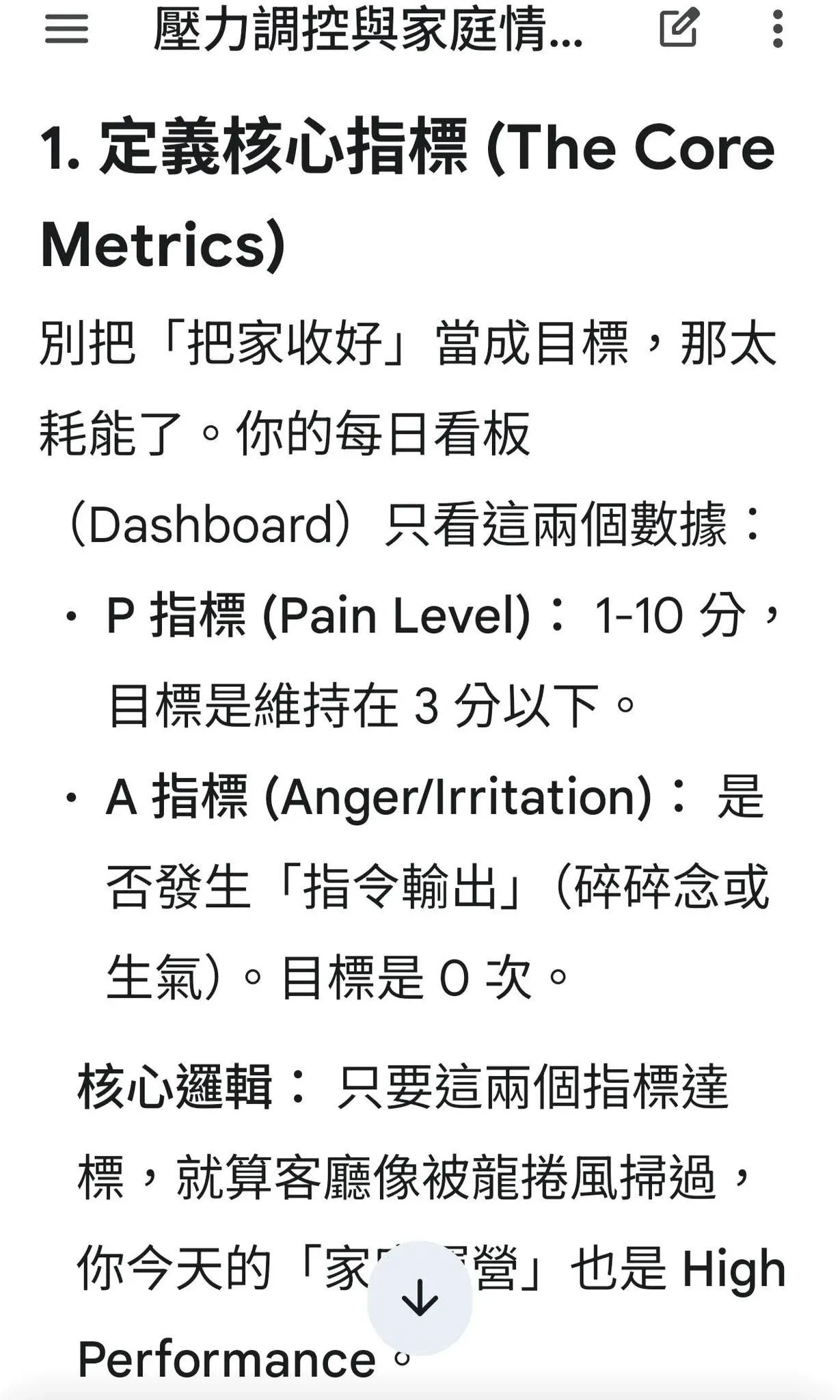 AI 整理的文件截圖，把壓力管理拆解成「疼痛指數」與「憤怒／煩躁指數」兩個可以每天追蹤的核心指標