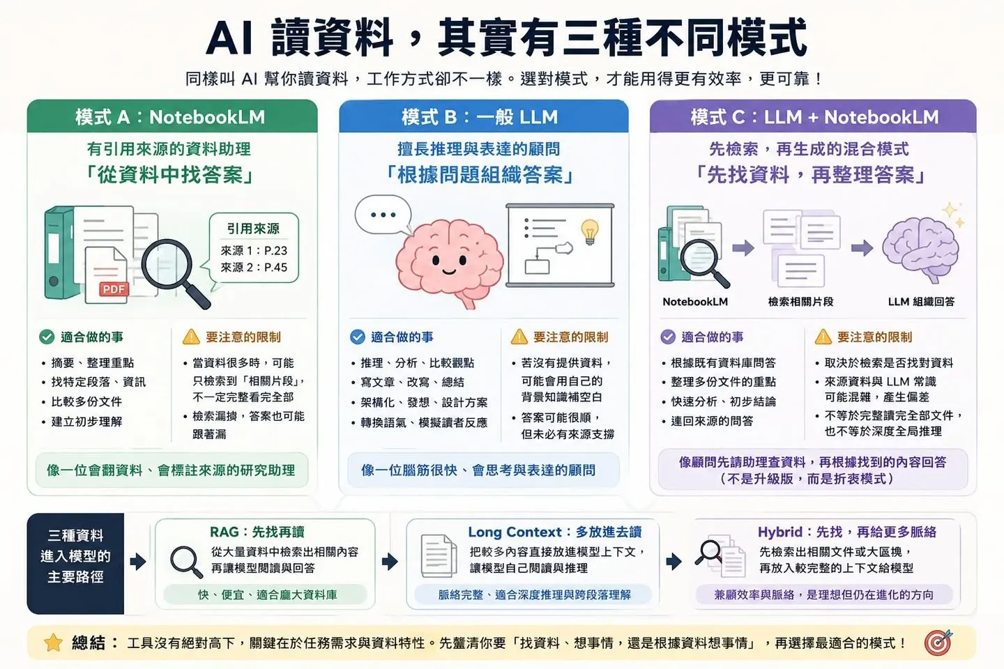 資訊圖比較 NotebookLM、一般 LLM、LLM 串接 NotebookLM 三種模式，以及 RAG、Long Context、Hybrid 的差異