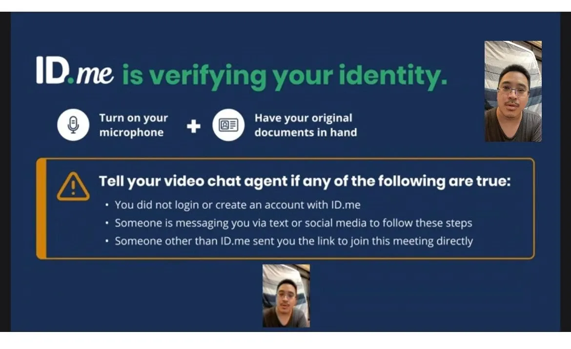 ID.me 視訊驗證進行中的畫面，上頭寫著「ID.me is verifying your identity」，並顯示作者本人的視訊鏡頭