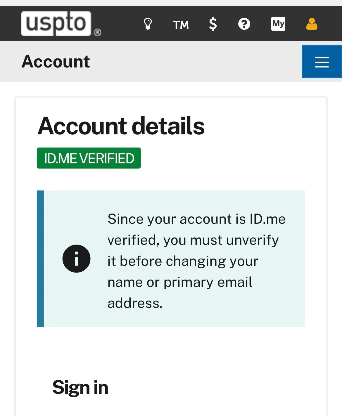 USPTO 帳號頁面，顯示綠色的「ID.ME VERIFIED」通過標記