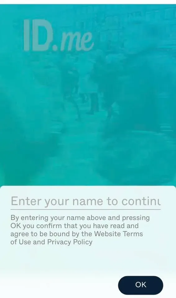 ID.me 驗證流程中，要求輸入姓名以繼續的畫面
