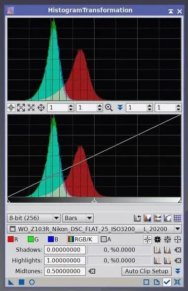 Nikon D810 平場在 PixInsight 中一片黑，需以直方圖調整白點