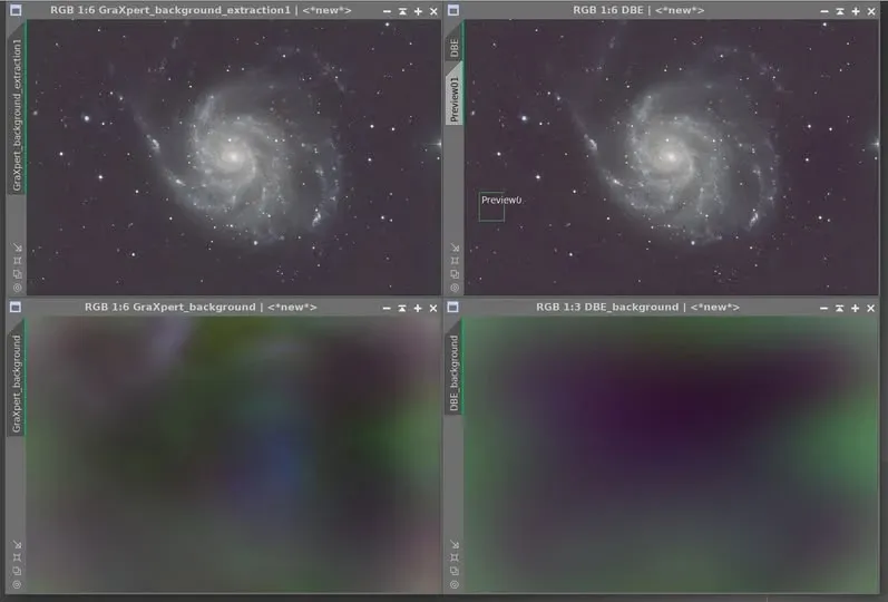 GraXpert AI 與 DBE 背景模型的直接對比（M101）